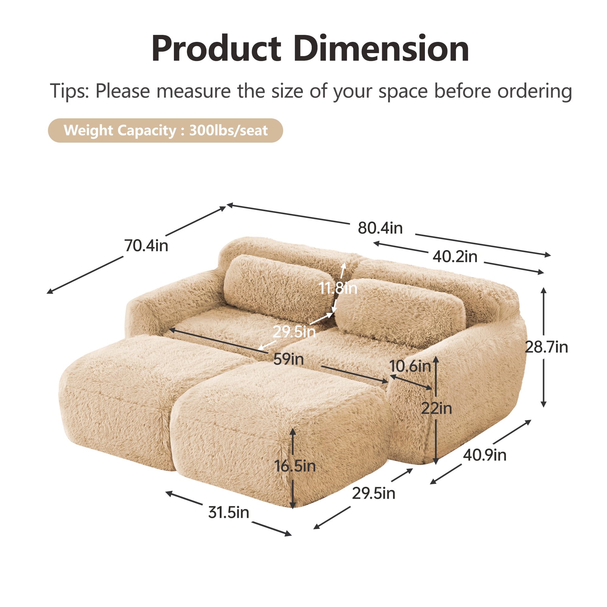 Wakefit 80" Loveseat Sofa, 2-Seater Modular Sectional Sofa Couch with Pillows, Soft Fluffy Plush Fabric Cloud Sofa, 32D High Density Foam Deep Seat with 2 Ottomans, No Assembly, Light Khaki