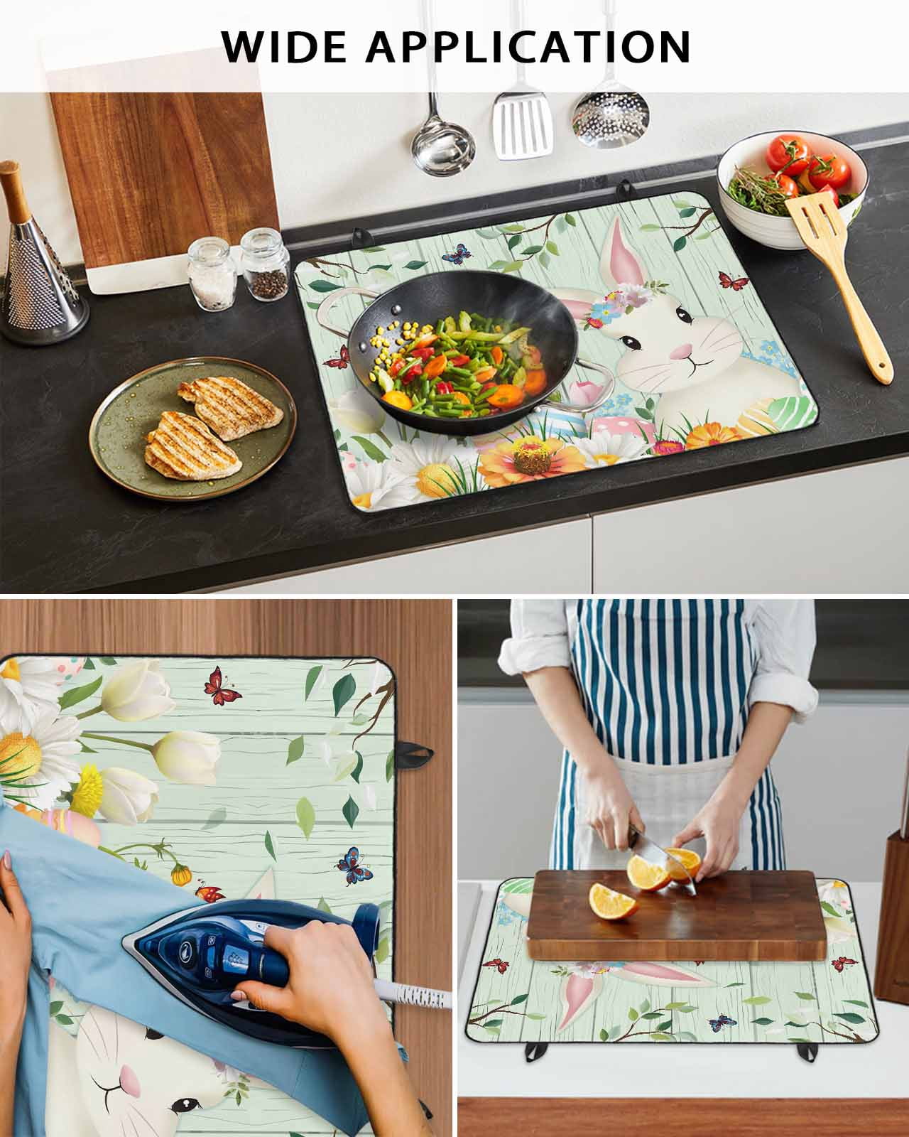 Large Induction Cooktop Protector Mat Easter Stove Top Covers for Electric Stove, Spring Watercolor Bunny Eggs Tulip Wooden Grain Teal Decorative Stove Burner Cover Mats, Glass Top Stove Cover