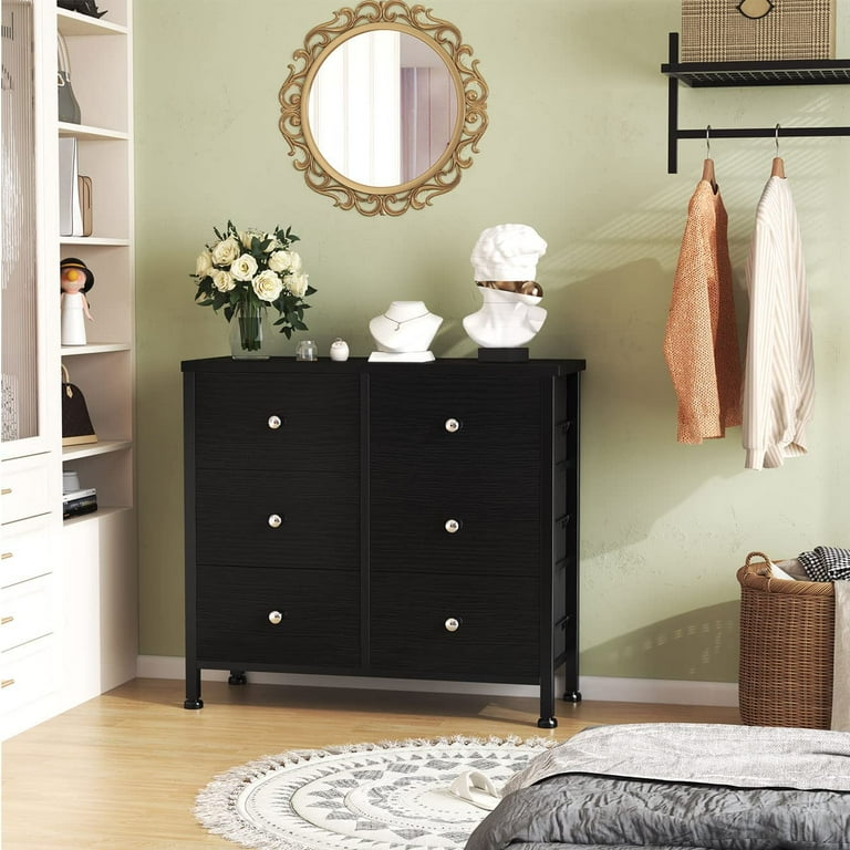 BOLUO Black Dresser for Bedroom 6 Drawer Steel Frame Fabric Dressers Chests Closet Small Storage Modern