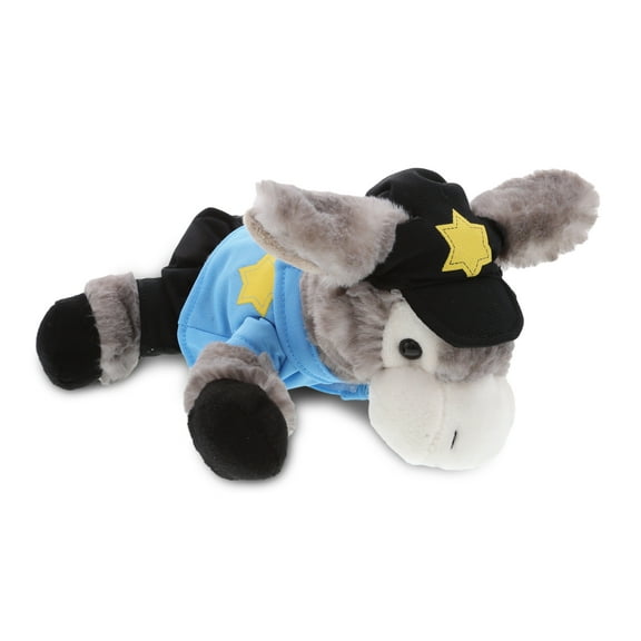 DolliBu Lying Grey Donkey Police Officer Plush Toy - Super Soft Donkey Cop Stuffed Animal Dress Up with Cute Cop Uniform & Cap Outfit - 9" Inches