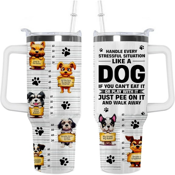 40 oz Dog Themed Tumbler with Handle and Straw Lid Gifts for Dog Lovers Double Insulated Cup Travel Coffee Mug