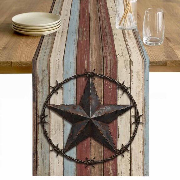 Western Texas Star Vintage Table Runner - 70 Inch Long Country Farmhouse Star Wooden Brown Cotton and Linen Blended Dress Scarves Farmhouse Table Runner for Kitchen Dining, Coffee Table, 13" x 70"