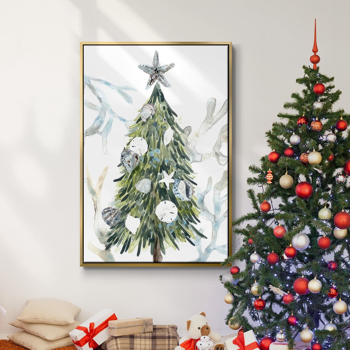 Coastal Christmas Shell Collection B - Framed Gallery Wrapped Holiday Canvas - 27 x 41 - Gold Frame