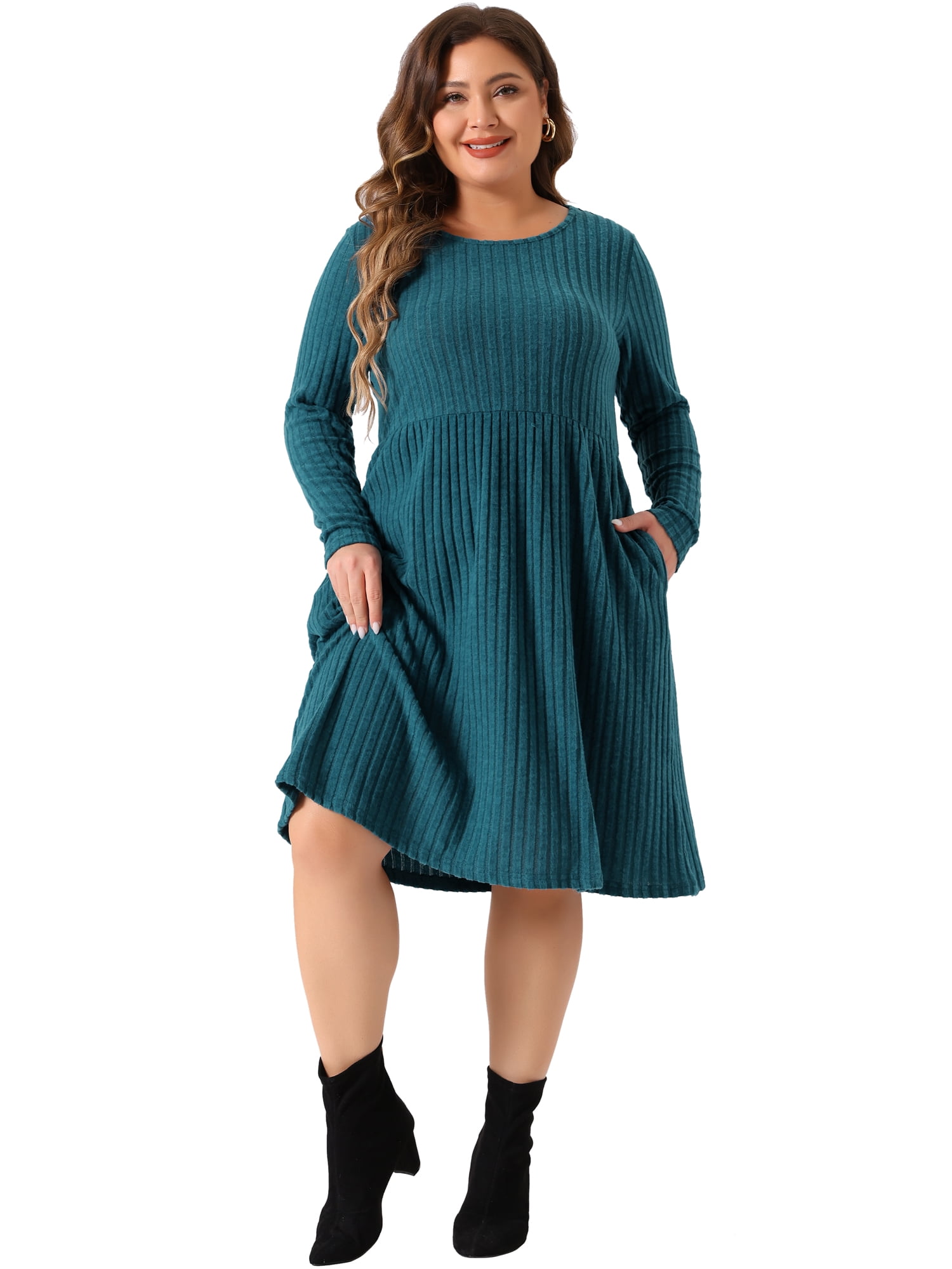 DARING DIVA Plus Size Round Neck Long Sleeve Casual Knit Dress 2X Peacock Blue