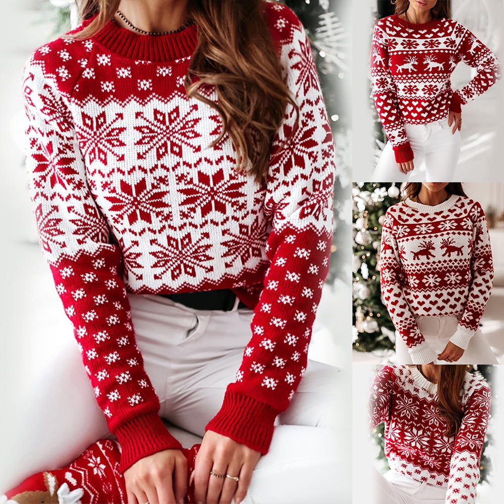 Women Snowflake Print Christmas Pullover Tops Sweatshirt Blouse Winter Warm 