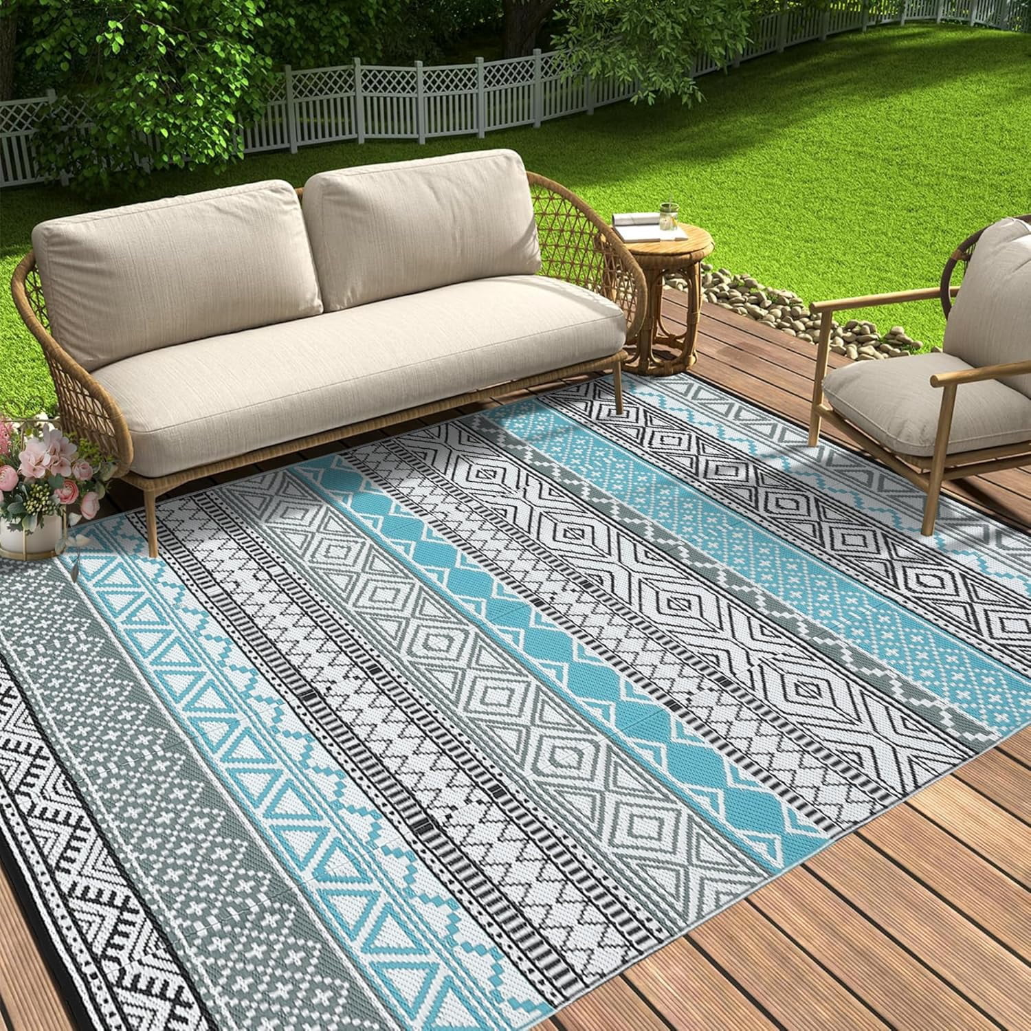 Twister.CK 9' x 18' Plastic Outdoor Rugs, Waterproof Bohemia Straw Rug Reversible Outside Carpet for Patio Deck Porch Backyard Camping Picnic Beach, Blue & Gray