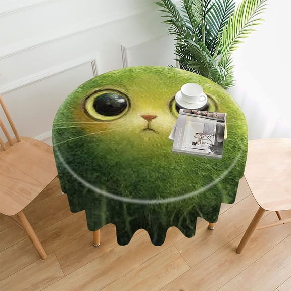 RKSupls 60 Inch Round Tablecloth, Green Fluffy Cat Premium Polyester Straight Edge Wrinkle Resistant Washable Table Cover for Party Home Dining Decor