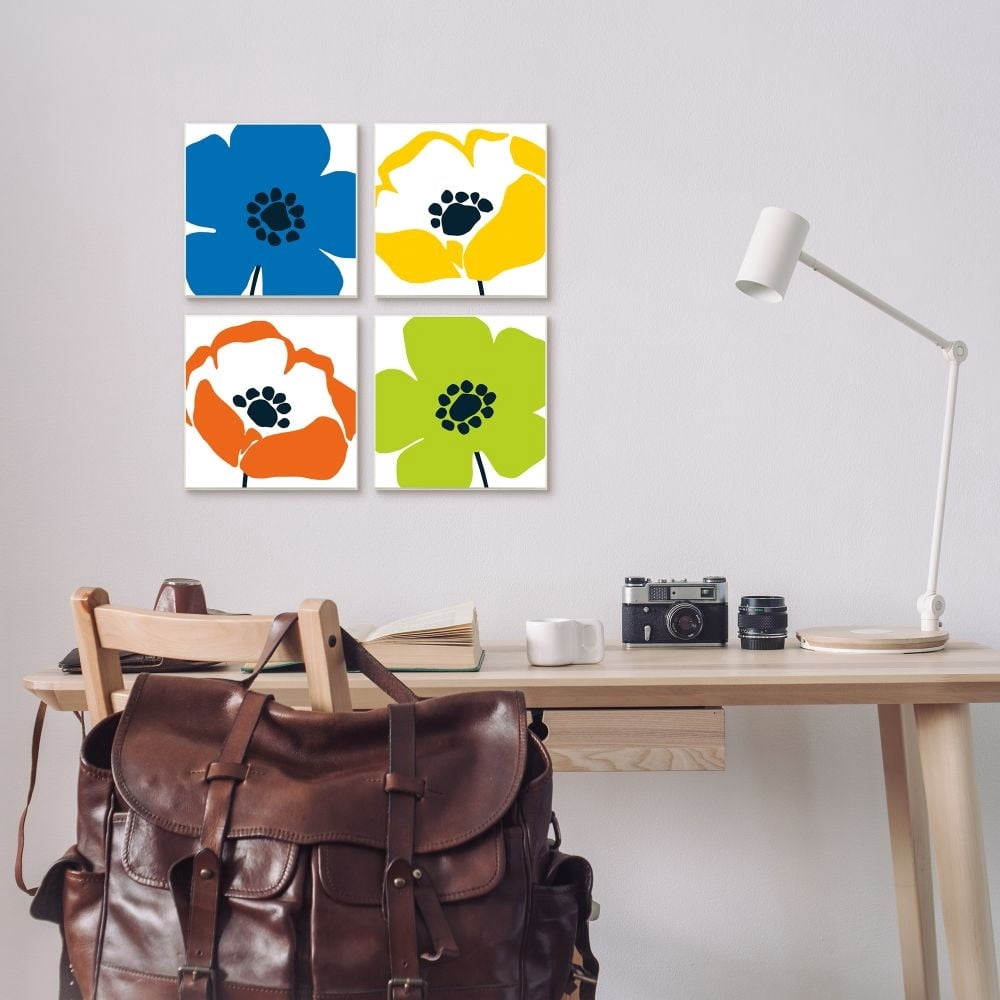 Stupell Industries Vibrant Modern Floral Collage Multi-color Pop Framed Wall Art Design by Wild Apple Portfolio, 4 Piece, 12" x 12", Black Framed