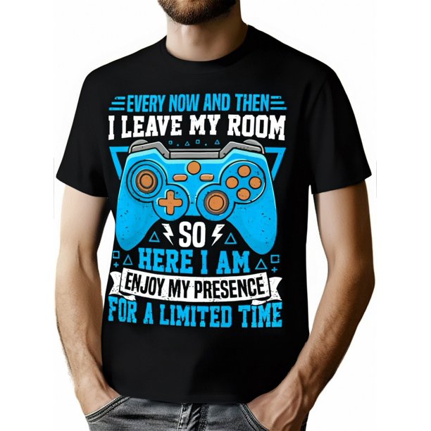 Funny Gamer T-Shirt for Men & Women – "I Leave My Room So Here I Am" Video Game Design, Casual Cotton Tee, Black with Blue & Orange Graphics, Round Neck, All-Season Comfort Fit, Clothing | Casual Rou