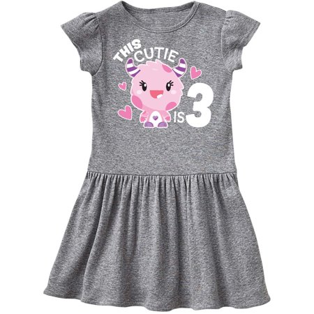 

Inktastic This Cutie is 3 with Cute Pink Monster and Hearts Gift Toddler Girl Dress