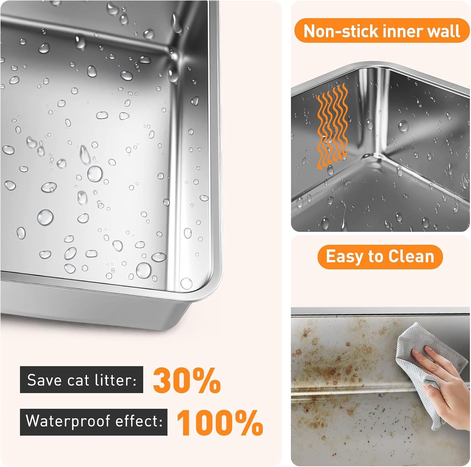 Stainless Steel Litter Box Large Metal Cat Litter Box with Lid Metal Litter Box High Wall Sides Enclosure,Non-Sticky,Anti-Leakage,Easy Cleaning