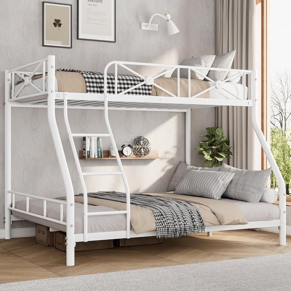 Metal Bunk Bed Twin Over Full, Modern Heavy Duty Bunkbeds with Safety Guard Rails & Space-Saving Design, Steel Twin Bunk Beds for School, Bedroom, White