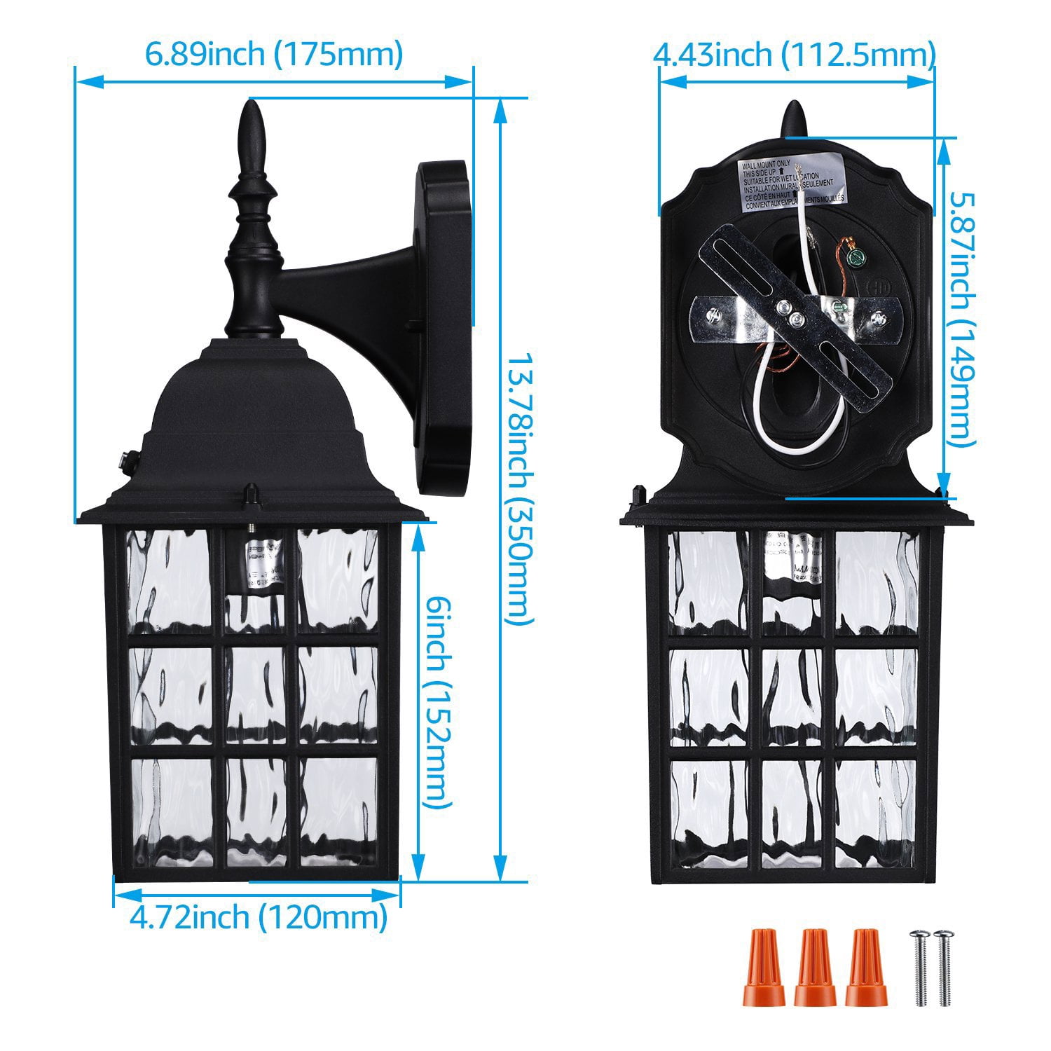 LEONLITE Outdoor Dusk to Dawn Wall Lantern, Photocell Included, UL Listed, Water Ripple Glass Exterior Wall Sconce, E26 Base Bulb Compatible, Wet Location Porch Light, Black, Pack of 2