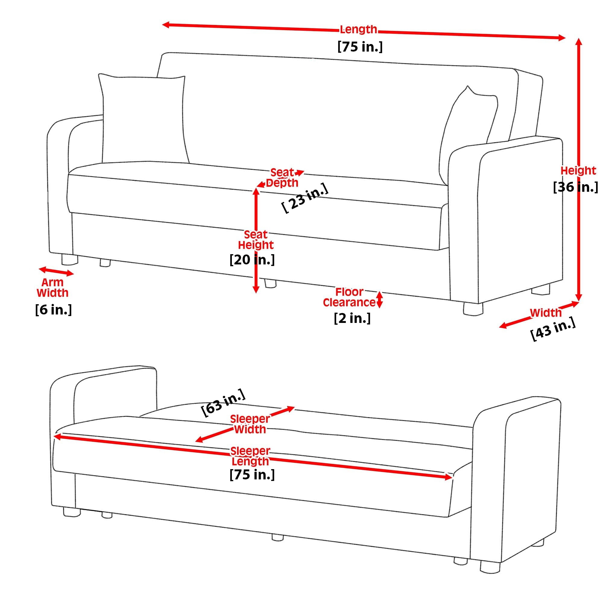 Ottomanson Trance Sofa Bed with Storage 75", Red Polyester