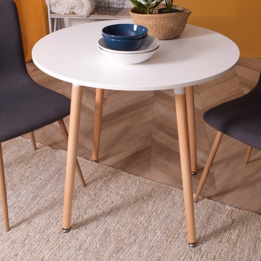 FurnitureR 31.5" Modern Round Dining Table, White with Wood Legs