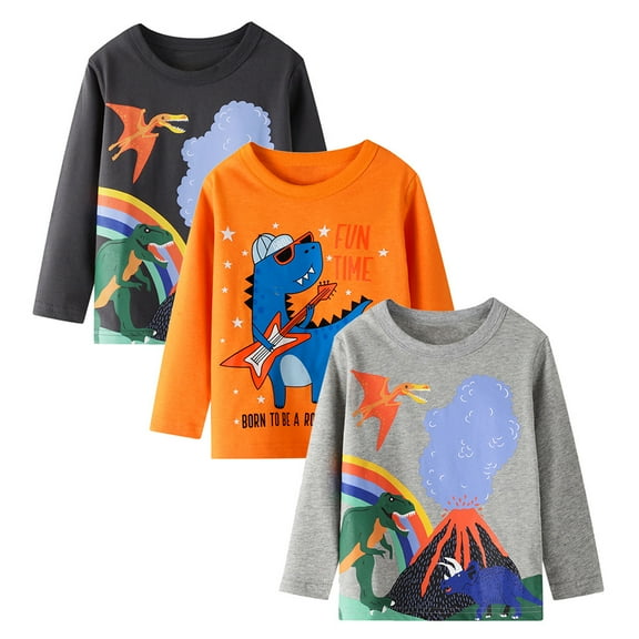 Toddler Boys Graphic T Shirt Long Sleeved Round Neck T-Shirt Casual Kids Tshirt,3-Pack