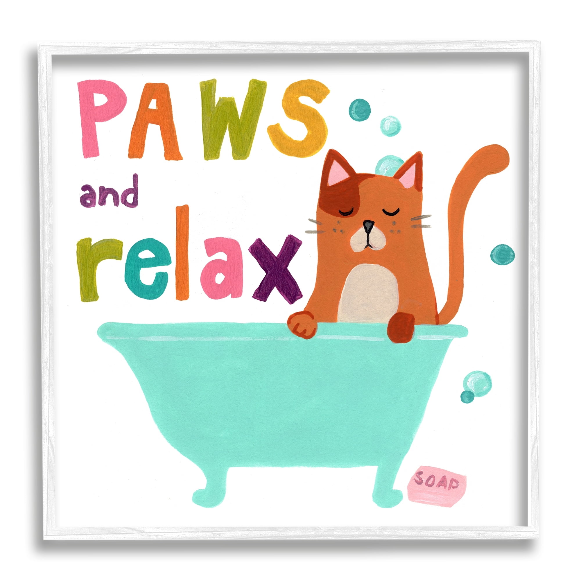 Stupell Industries Paws & Relax Cat Bathtub Bathroom Restful Phrase Graphic Art White Framed Art Print Wall Art, Design by June Erica Vess