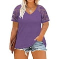 thumbnail image 5 of Olyvenn Women's Summer T-Shirts Plus Size Tops Deals Dressy Women 2023 Fashion Trendy Lace Short Sleeve Tees Lace Patchwork Solid Tops V Neck Shirts Oversized Comfy Loose Casual Blouse Purple 10, 5 of 8