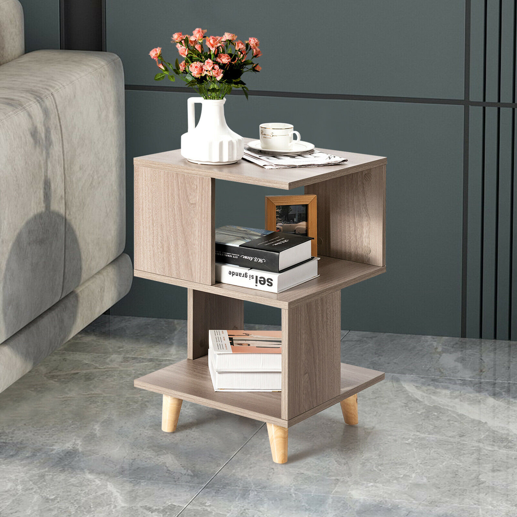 Gymax 2-Pieces Nightstand Set Wood Legs Storage Shelf Modern Side End Table Grey