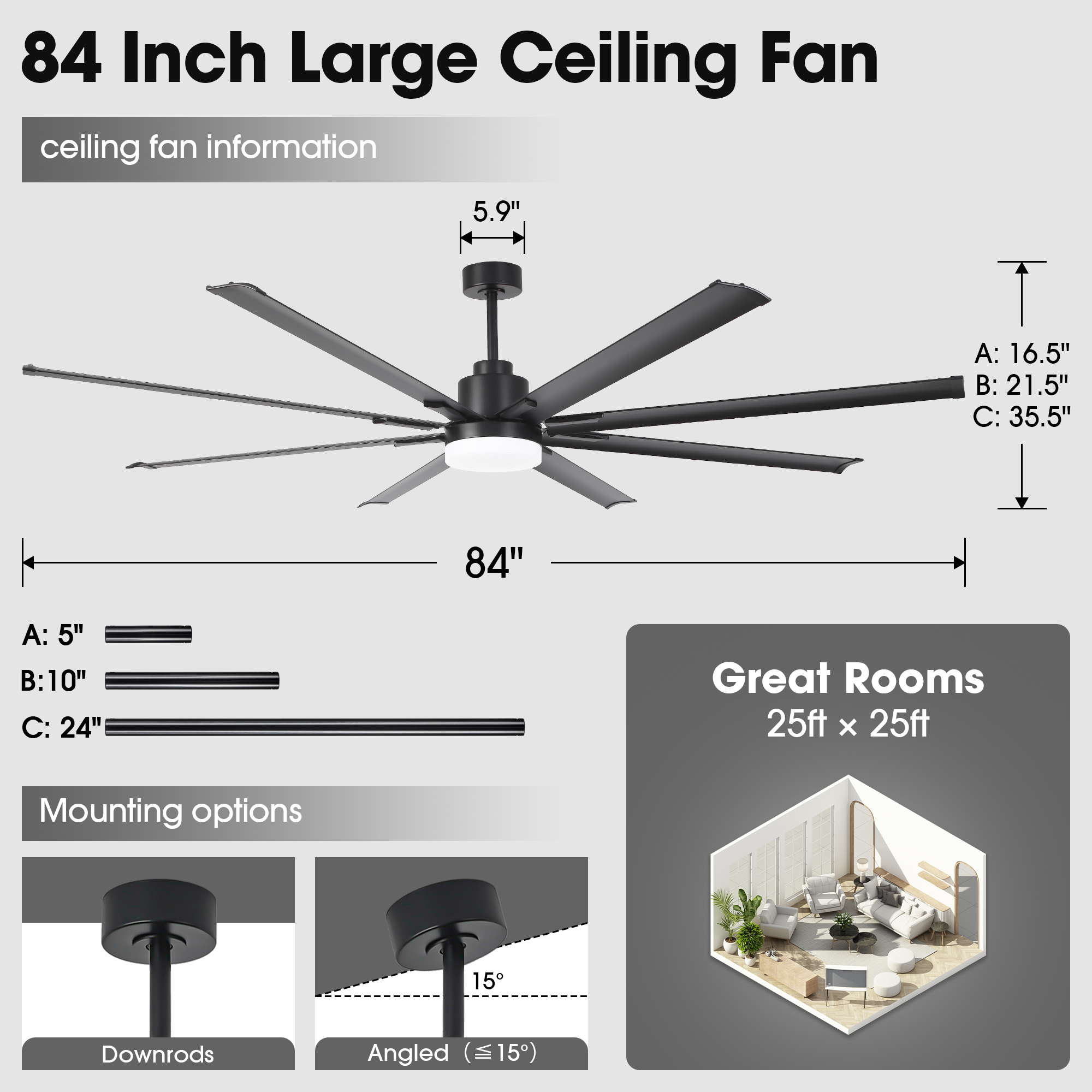 84" Industrial Black Large DC Motor Ceiling Fan with LED Light and Remote Control