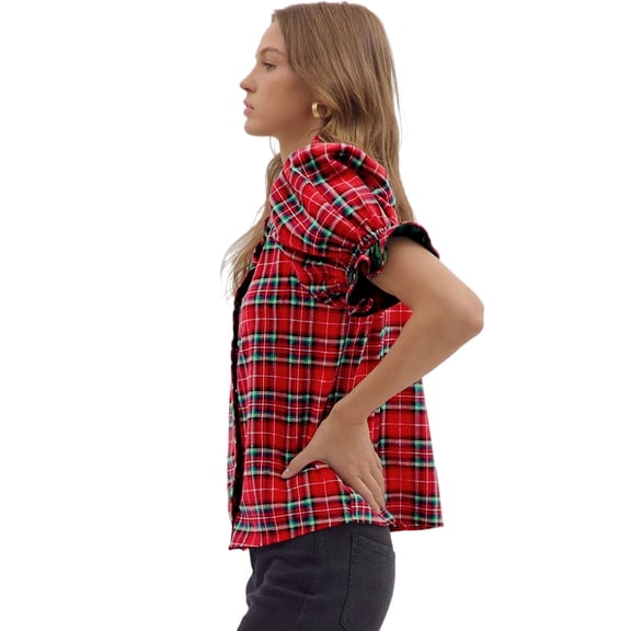 ZhiHiMeRi Women's Red Plaid Shirt, Festive V Neck Short Sleeve Blouse XL