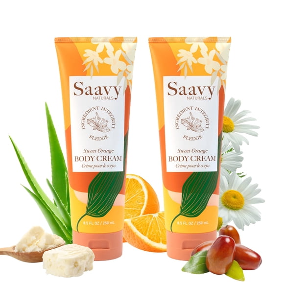 Crema corporal Saavy Naturals Ingredientes a base de plantas de naranja dulce | Fabricado en Estados Unidos | Loción corporal hidratante corporal espesa y cremosa con fórmula vegana de manteca de kari