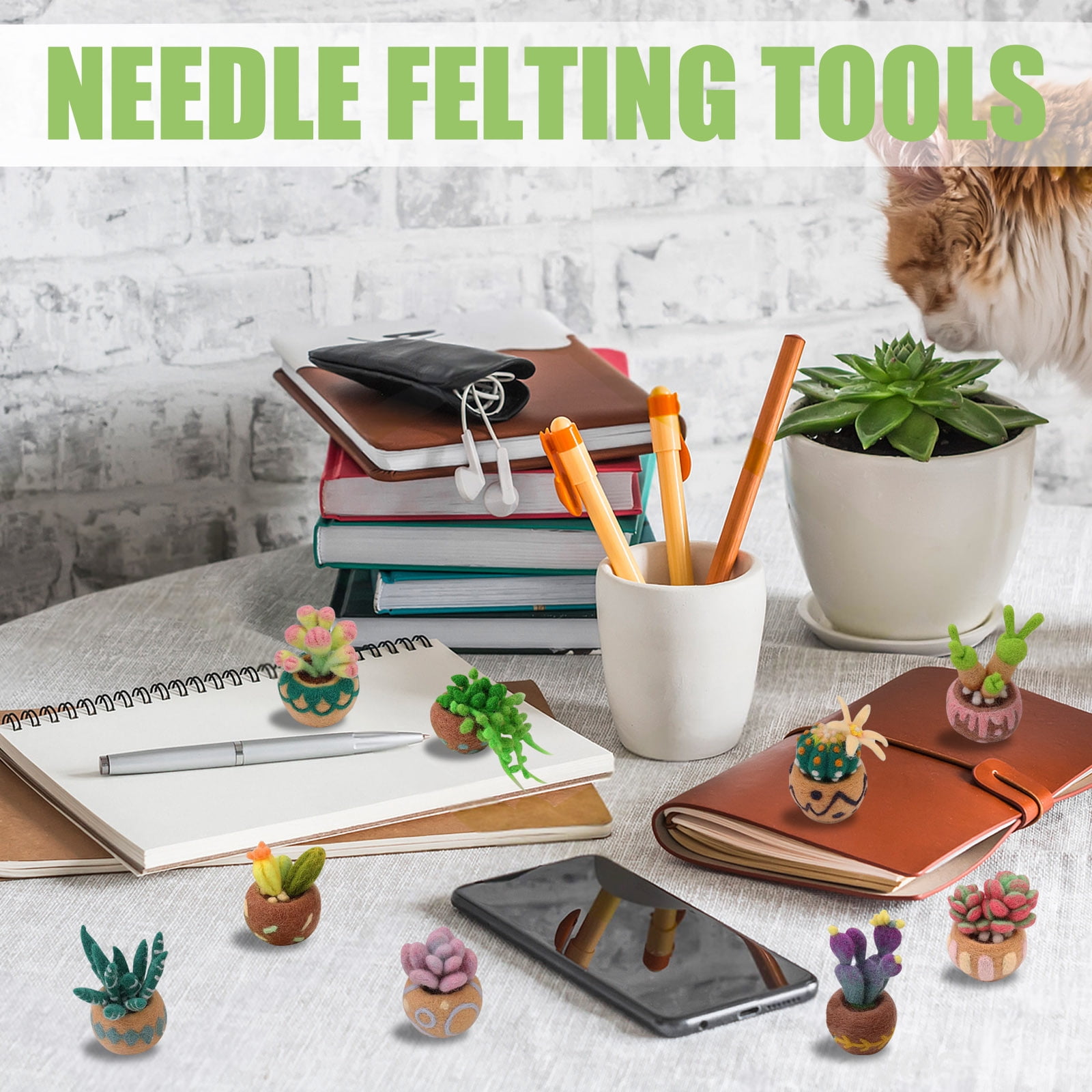 9 Pieces Succulent Plants Needle Felting Kit, Wool Felting Kit with Pad, Finger Cots, Needle, Wooden Felting Tool, Instruction, Needle Felt Start Kit Supplies for Beginners Adult DIY Decor