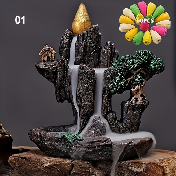 1pc Mountains River Waterfall Reflux Incense Burner Fountain Backflow Aroma Smoke Censer Holder Home Crafts  60 Incense Cones