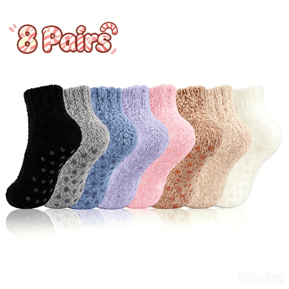 TRANSLINK 8 Packs Womens Ankle Fuzzy Crew Socks Non Slip Warm Cozy Winter Slipper Socks Gift Size 5-9