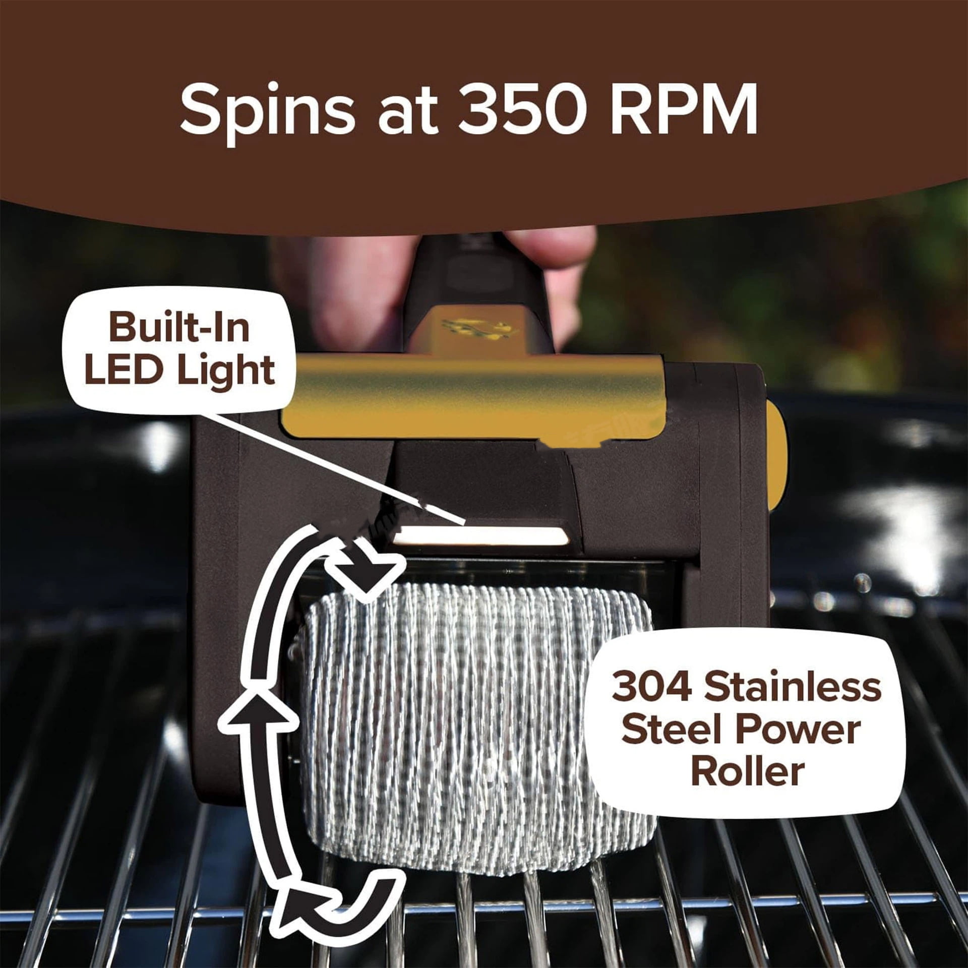 Horsepower Bristle-Free Spinning Grill Brush w/LED & Longer Run Time, Cordless/Rechargeable, 304 Stainless Steel Power Roller Blasts Away Burnt-On Food, No Bristles No Preheating 350 RPM