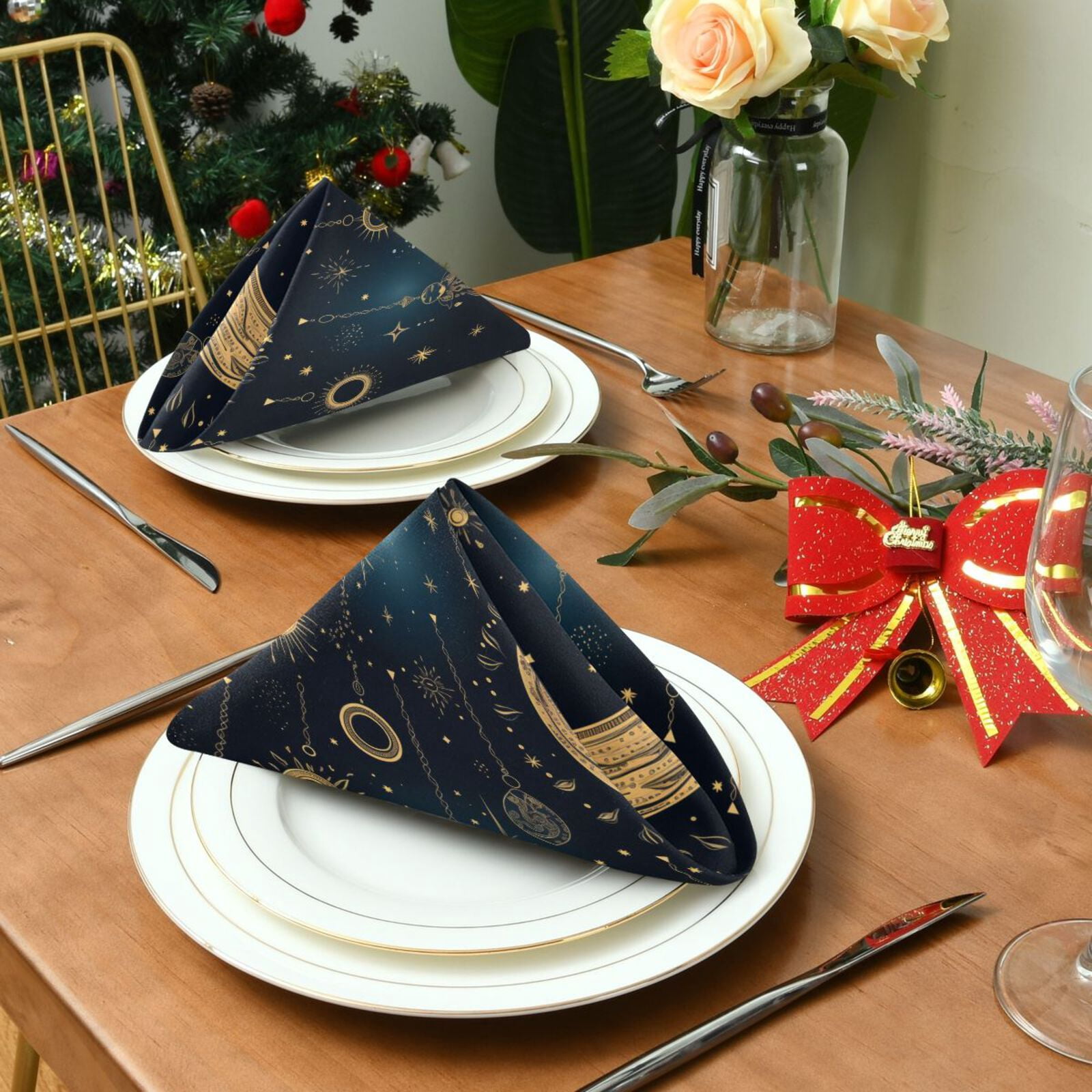 JSTEL Boho Moons and Stars Cloth Napkins Set of 6, 20x20 Inch Washable and Reusable Napkin for Decoupage Dinner Party Everyday Use