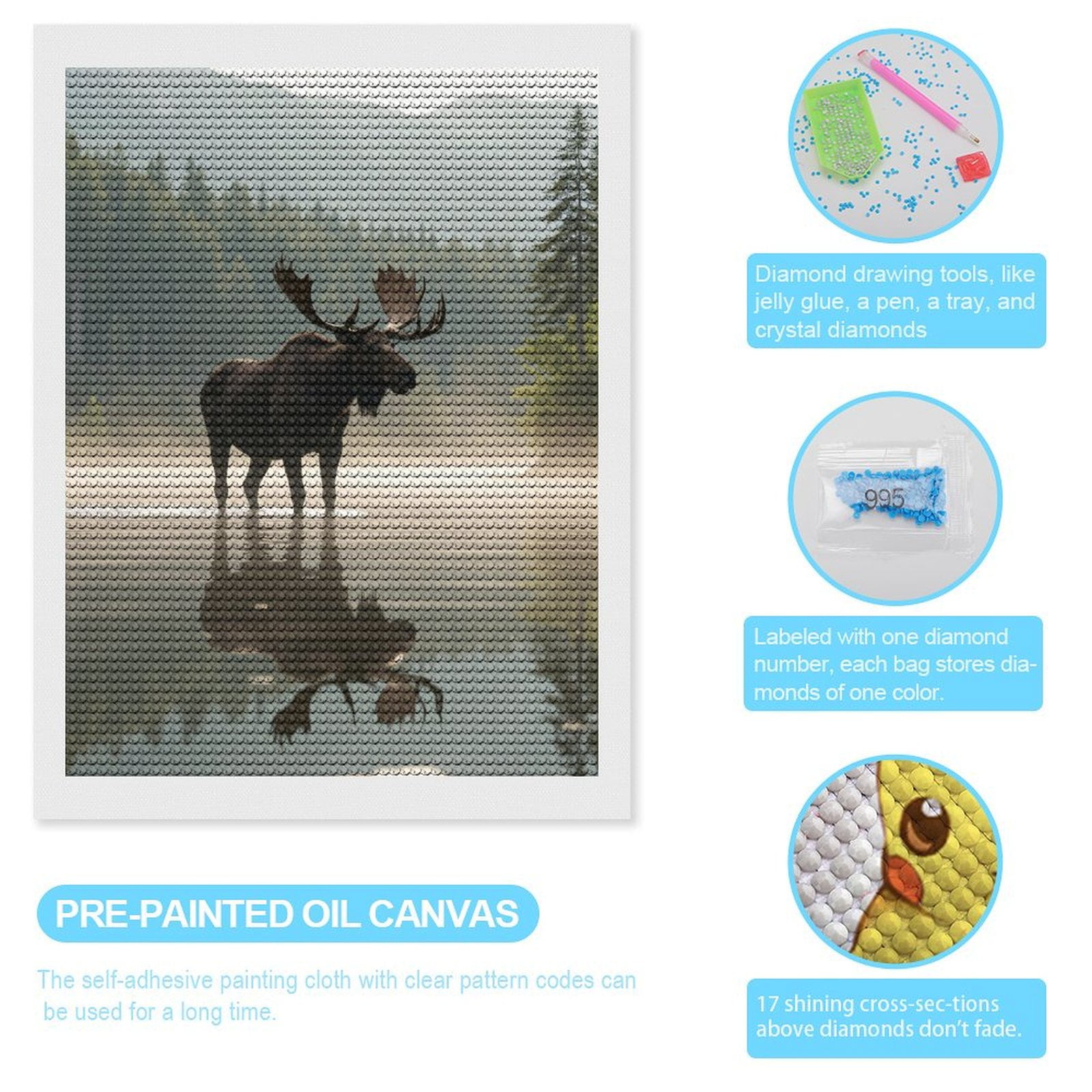 Diamond Art Kits for Adults, Moose Misty Forest Reflection 5D Diamond Painting Kits for Adults Beginners, DIY Full Drill Diamond Painting, Gem Art and Crafts 12x16