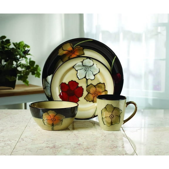 Painted Poppies 16-Piece Dinnerware Set, Service for 4, Colorful Floral Stoneware Plates, Bowls, and Mugs, Microwave and Dishwasher Safe