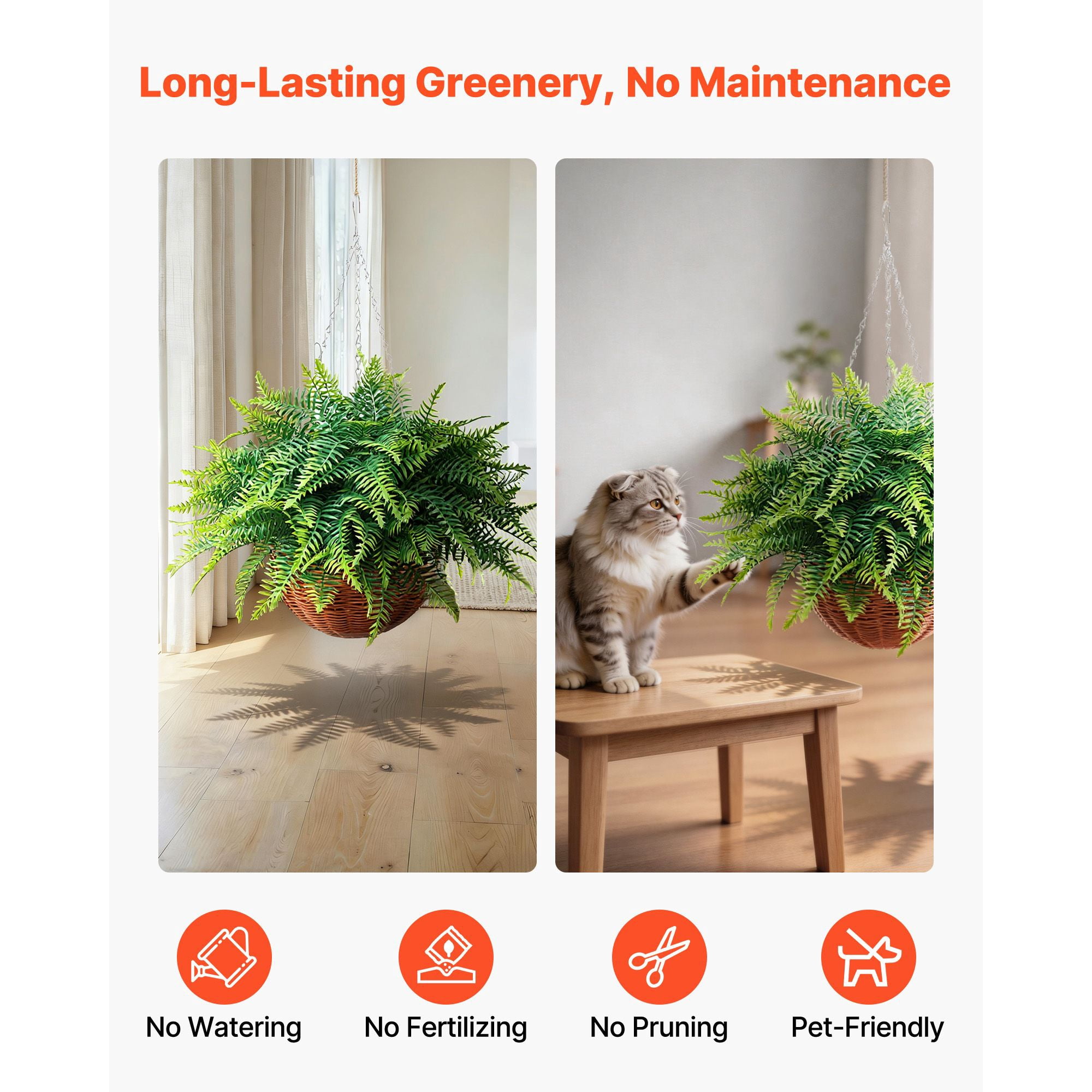 2-Pack Artificial Ferns, 26 Inch Height with 23 Inch Hanging Length, Silk Fronds, Weatherproof LDPE Branches, Low Maintenance, for Hanging Baskets, Planters & Indoor Decor