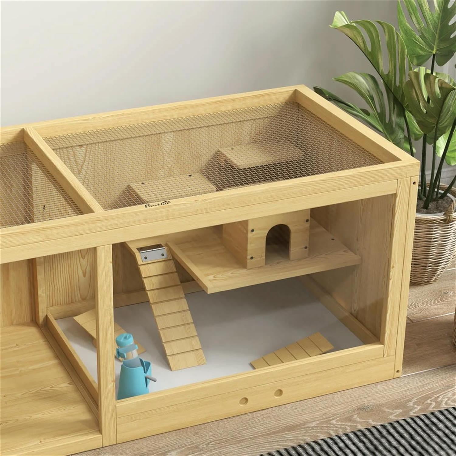 Kadyn 39" Wooden Hamster Cage with Pull-out Tray, Seesaws, Ladder, Large Small Animal Habitats for Guinea Pig Cages, Beige