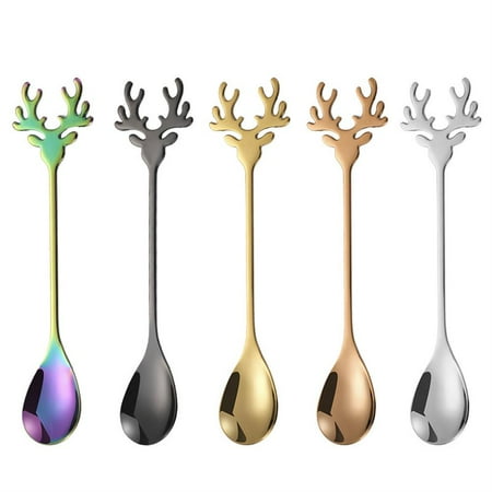 

5pcs/set 5-color Deer Head Shape Stainless Steel Stirring Spoon Christmas Elk Coffee Dessert Spoon