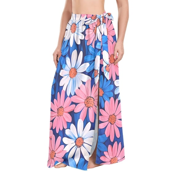 FORMRS Womens Long Sarong Beach Wrap Semi-Sheer Bikini Skirt Bathing Swimsuit Cover Up, Pink Flowers Pattern