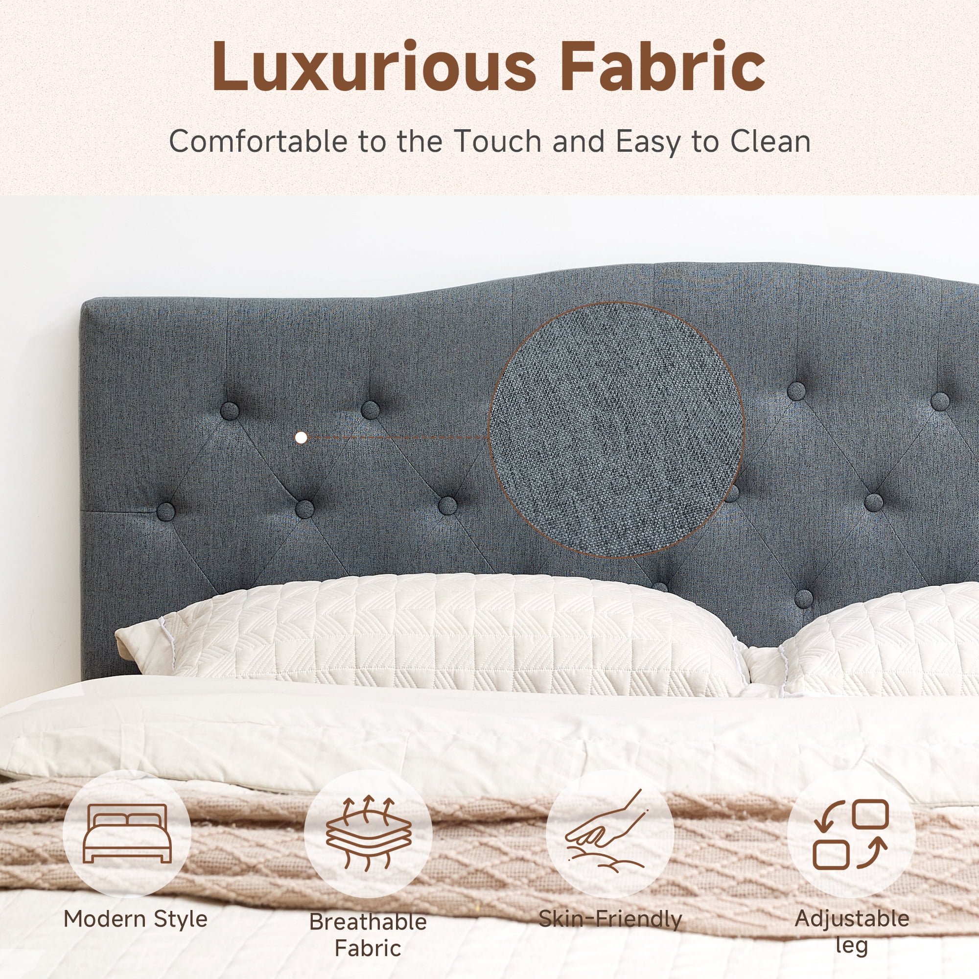 JONPONY Tufted Upholstered Headboard Full Size, Solid Wood Head Board with Durable Metal Legs, Adjustable Height Head Board, Grey