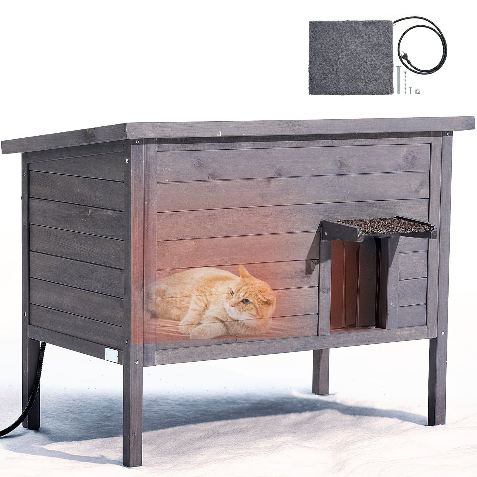 Insulated Heated Outdoor Cat House for Winter, Waterproof Wood Shelter with Heating Pad, PVC Door & Removable Roof Fits 1-3 Cats, 34"x21"x27"