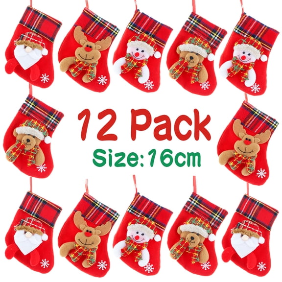 12 Pack Christmas Stockings,6.3" Christmas Holiday Stockings with Snowman Santa Reindeer Bear Christmas Stockings Set Gift
