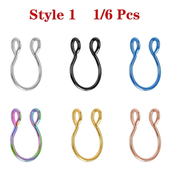 QQTDFG 1/6Pcs Stainless Steel Fake Septum Rings U-Shaped Clip on Nose Lip Ear Jewelry-Style 1-Black