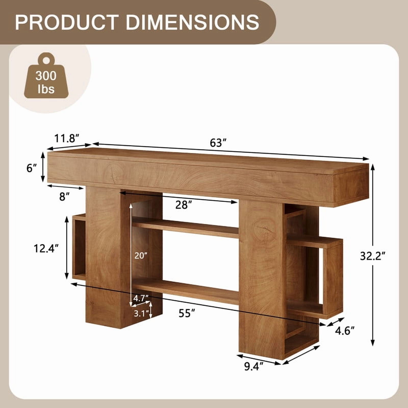 Einhomn 63" Farmhouse Wood Console Table, Modern Entryway Table with Open Storage for Behind Couch, Living Room