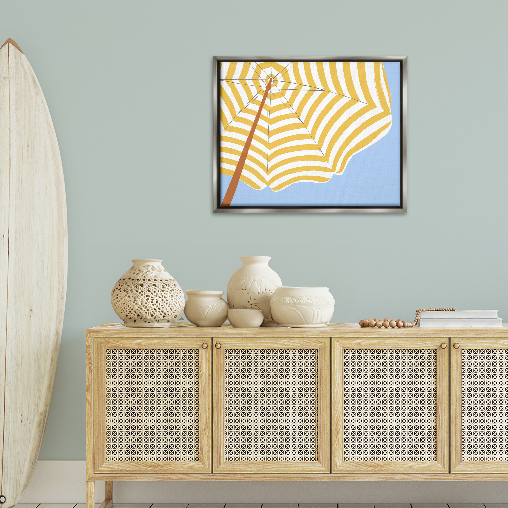 Stupell Industries Yellow & White Umbrella Coastal Painting Gray Floater Framed Canvas Art Print Wall Art, 31 x 25