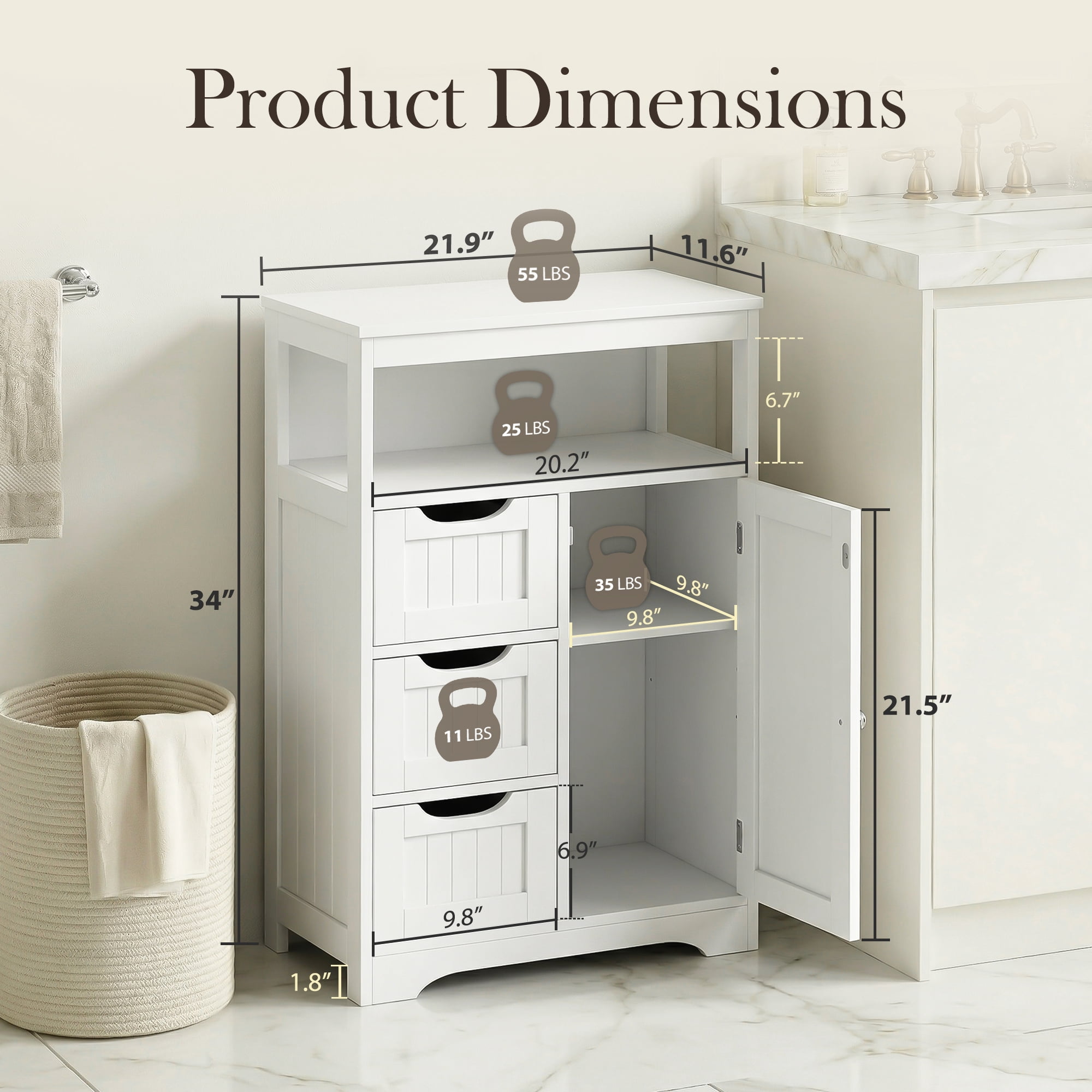 SuperDeal Bathroom Floor Cabinet Freestanding MDF Storage Organizer W/1 Door & 3 Drawers White
