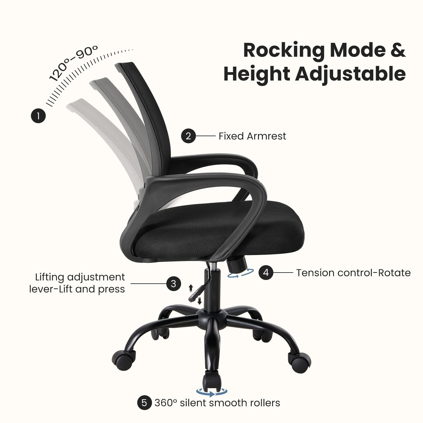 Kelno Mid-Back Mesh Office Chair 250lb Capacity Ergonomic Desk Chair with Lumbar Support Adjustable Height Rocking Task Chair, Black