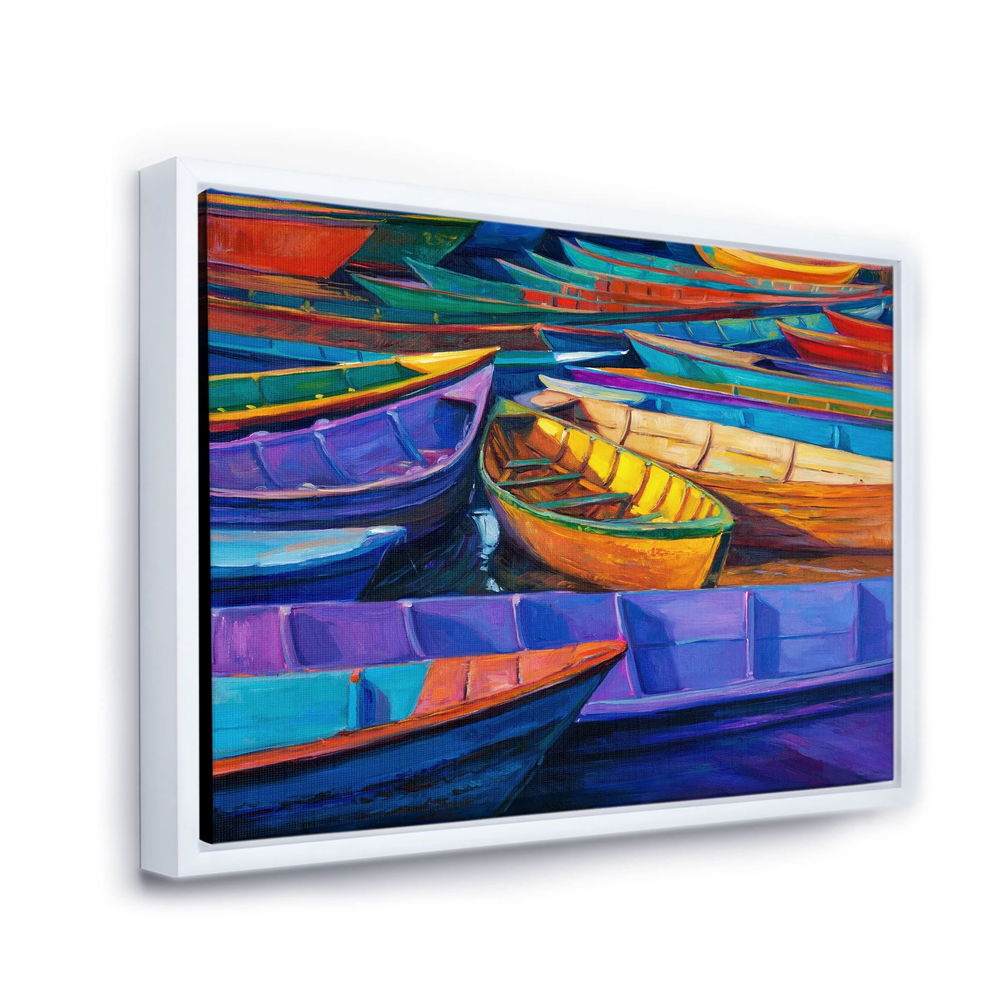 Designart 'Boats During Warm Sunset Resting On The Water II' Nautical & Coastal Framed Canvas Wall Art Print