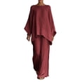thumbnail image 2 of Xaqiouau Women 2 Piece Loungewear Round Neck Dolman Long Sleeve Top Elastic Waist Wide Leg Pants Summer Casual Cotton Blend Travel Daily Outfit Sets Wine XL, 2 of 5