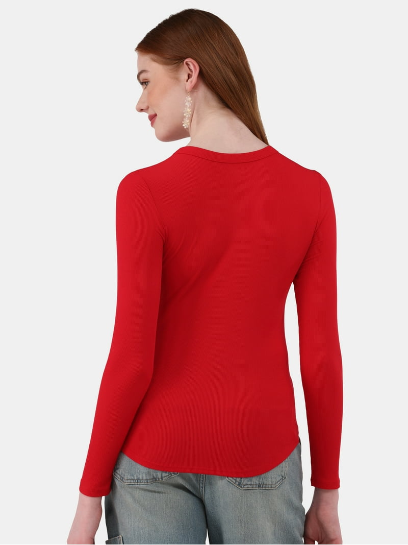No Boundaries Ribbed Long Sleeve Tee - Knit Crewneck Top - Walmart.com