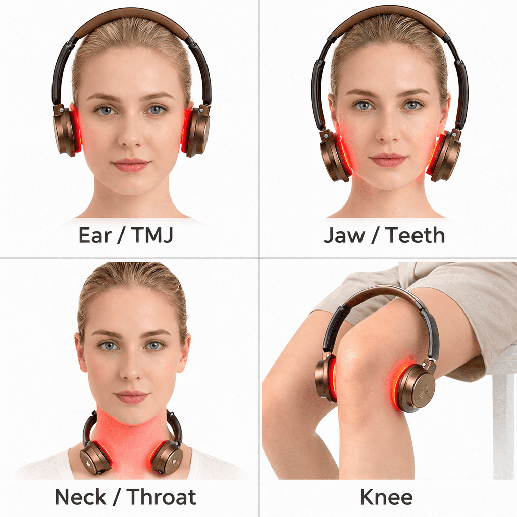 Red & Infrared Light Device for Ear, Jaw and Neck, 650nm 850nm 940nm, Rechargeable Hands-Free with 4 Modes