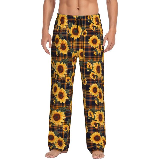 Balery Brown Blue Plaid Sunflower Pantalones de pijama para hombre, pijama ultraligero, pantalón de descanso-Small